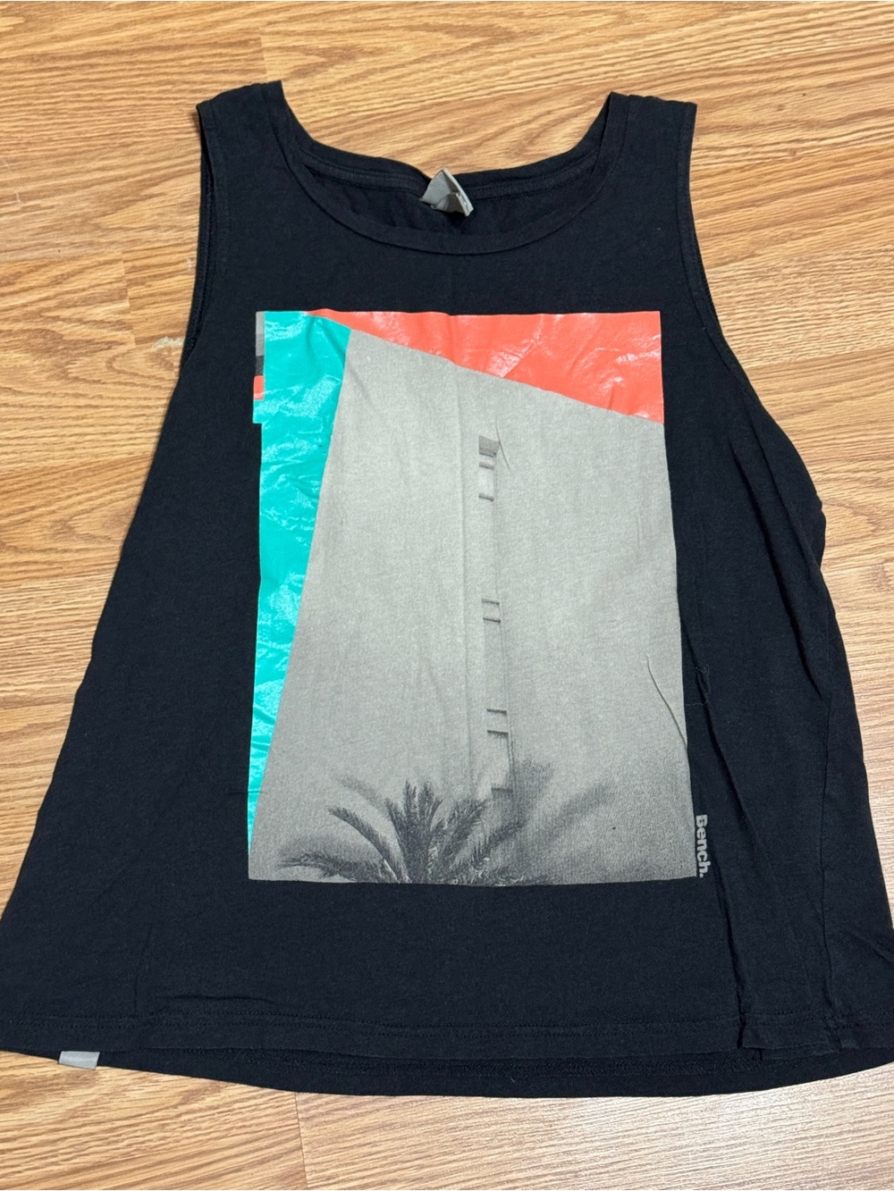 Bench Black Tank Top with Teal & Coral Graphic, Size Small